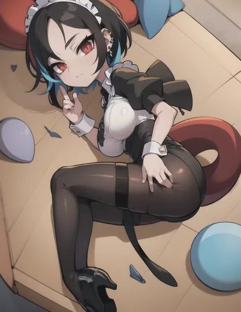 solo,1girl(big breast)(masterpiece, best quality:1.2),Ellen Jo，Zenless Zone Zero，alternate costume ,maid, shark tail, (shark girl:0.5), short hair，black hair，red eyes, tail, pantyhose,multicolored hair, black footwear, short sleeves, apron, wrist cuffs, ma...