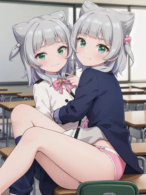 indoor,((classroom)),,Focus from below, Green Eyes, Grey Hair, hair ornaments, bangs, Virtual YouTuber, blunt bangs, Double Bang, Animal ears, Flat Chest,uniform,Pink Panties,blush,1boy, male,Put your face in the skirt,Men are down,Woman on top