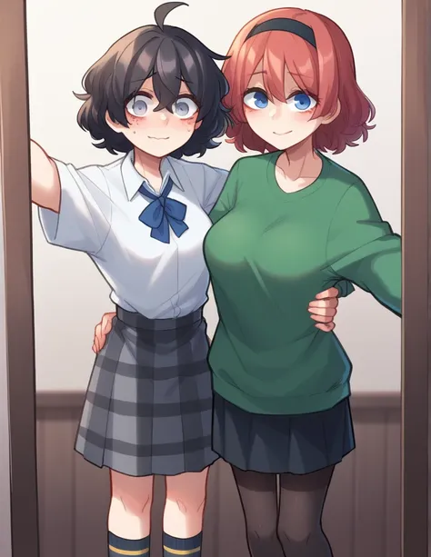 2 girls Girl1: ppka, black fur, short hair, messy fur, Ahoge, parts, grey eyes, sweet look, blind, White shirt, Plaid skirt, grey skirt, mismatched socks, different socks, nervous, light smile,

girl 2: looking at the viewer, by rubio, wide, Hair band, Dre...