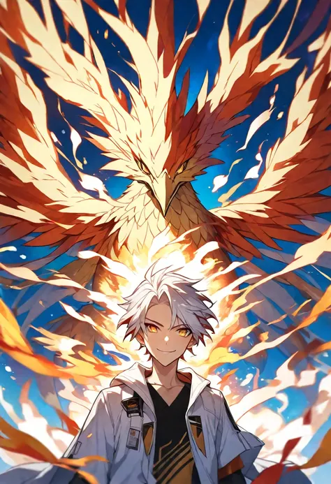 Solo, 1 male, red and white hair, golden eyes, white coat, fire, phoenix, smile facial