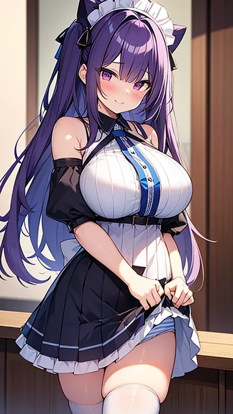 最high quality, high quality, Super detailed, 16K, Ultra-detailed details, pretty girl, alone, beautiful purple hair, Beautiful purple eyes, Big Breasts, A light smile, Red eyes, Off-the-shoulder sleeveless Summer clothes, Summer casual maid clothes, Im lif...