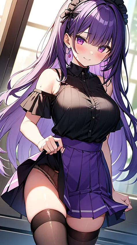 最high quality, high quality, Super detailed, 16K, Ultra-detailed details, pretty girl, alone, beautiful purple hair, Beautiful purple eyes, Big Breasts, A light smile, Red eyes, Off-the-shoulder sleeveless Summer clothes, Summer casual maid clothes, Im lif...