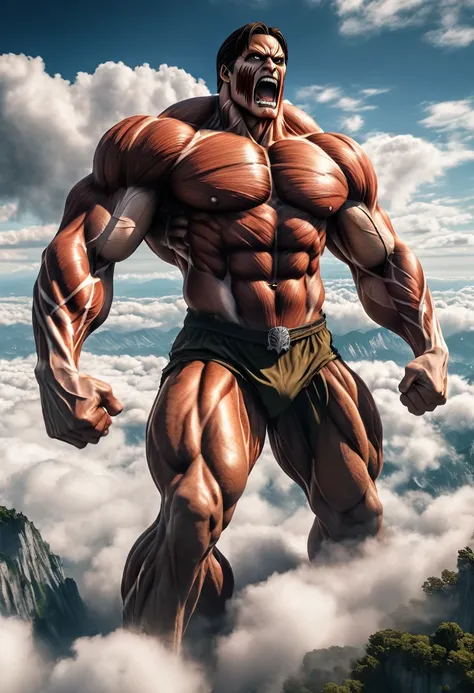 (Highest quality,4K,8K,High resolution,masterpiece:1.2),Super detailed,(Realistic,photoRealistic,photo-Realistic:1.37), Towering giants, Muscular, alpha male above the clouds, Giant giant, Attack on Titan, central Giant giant creature, Exaggerated muscles!...