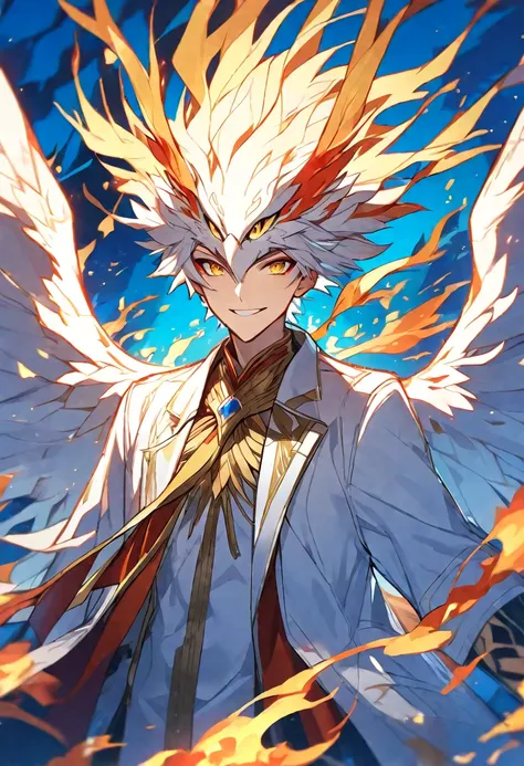 Solo, 1 male, red and white hair, golden eyes, white coat, fire, phoenix, smile facial, wings