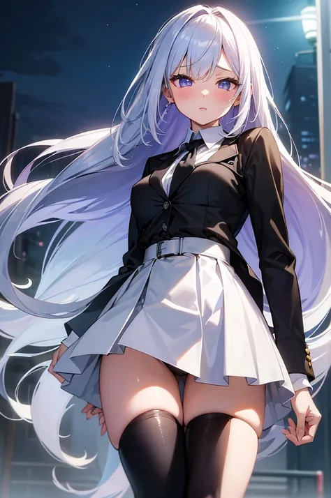 (Highest quality), (High resolution), (masterpiece), (Super detailed), Silver Hair, Long Hair, Blue and purple eyes, Blue Archive Art Style, One girl, Girl, Silky skin, Shiny skin, An athletic body, blush, Heavy breathing, chest, (Black long coat, White sh...