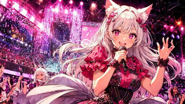 Highly detailed face,fine grain,Highlighted eyes, medium breasts ,pretty girl, smile shyly,Cat ear,Beautiful silver hair,Pink inside,Beautiful pink eyes,shiny skin,
singing scene, dress scene, looking the viewer, 
Represent idol in bright colors, Represent...