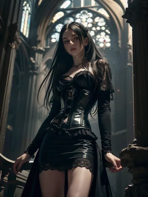 a stunning gothic beauty, in a black gown with a corset and lace details, very short skirt, opened from below. night. her lumino...