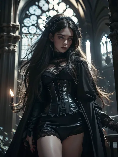 a stunning gothic beauty, in a black gown with a corset and lace details, very short skirt, opened from below. night. her lumino...