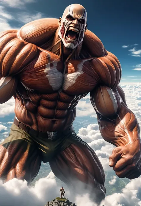 (Highest quality,4K,8K,High resolution,masterpiece:1.2),Completely naked，Super detailed,(Realistic,photoRealistic,photo-Realistic:1.37), Phimosis penis，Towering giants, Muscular, alpha male above the clouds, Giant giant, Attack on Titan, central Giant gian...