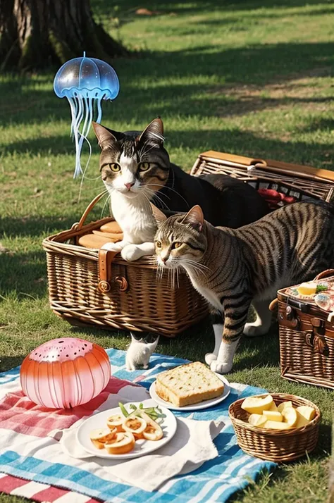 A cat and a jellyfish on a picnic being best friends