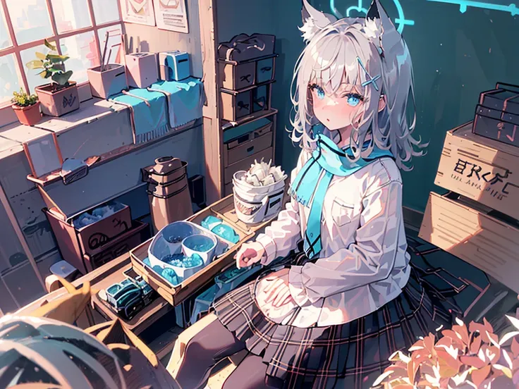 (highest quality), (high resolution), (masterpiece), (very detailed), wolf ear, silver hair, long hair, bright blue eyes, one gi...