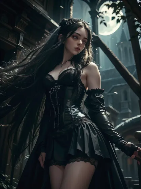 a stunning gothic beauty, in a black gown with a corset and lace details, very short skirt, naked from below. her luminous pale ...