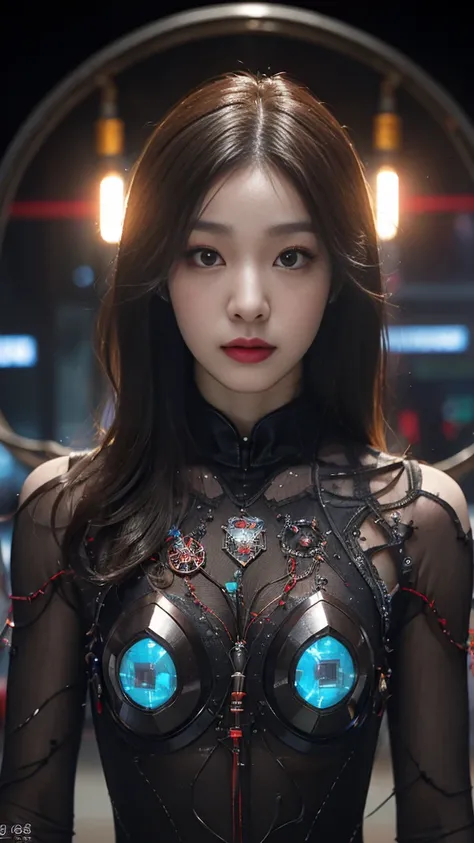 (기계1 girl과 외계인 1명)、（mystical expression）、top quality、masterpiece、Super high resolution、(realistic:1.4)、((heavy chest)),raw photo、1 girl、shiny skin、(((1 Mechanical Girl)))、((transparent crystal suit bodysuit、the body can see through)).(natural alien backgro...