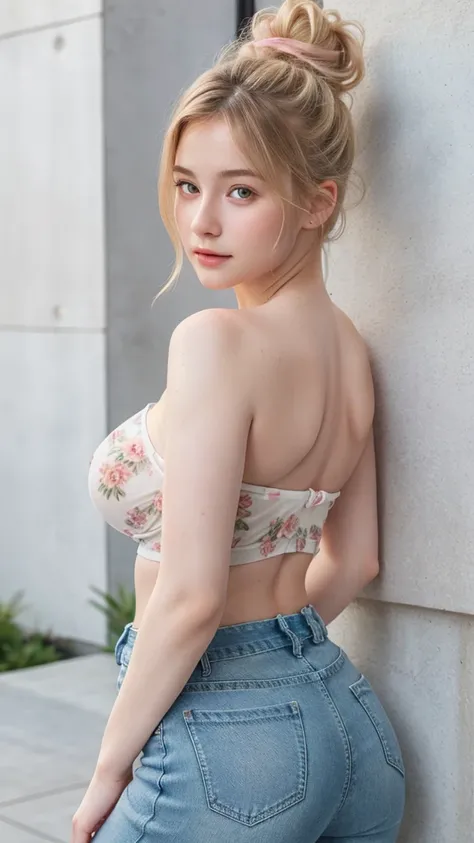 ((best quality)), photorealistic, photorealism, Photorealistic, high resolution, Beautiful, Baby Face, 20 Years Old, White Skin, pale skin, thick body, Large Breasts, seductive pose, (Detailed face), short hair, bun hair, blonde hair, sexy body, (wearing s...