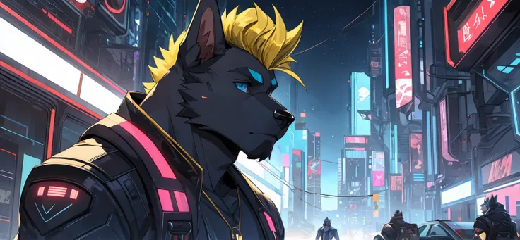 perfect face, bara furry, dog man, big body, black skin, short quiff yellow hair, blue eyes, perfect eyes, big dog ears, handsome, cyberpunk, in the sky