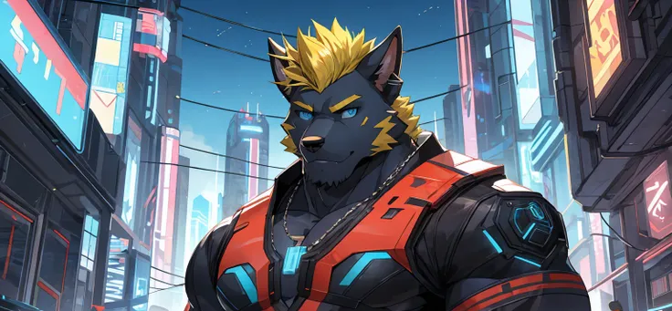 perfect face, bara furry, dog man, big body, black skin, short quiff yellow hair, blue eyes, perfect eyes, big dog ears, handsome, cyberpunk, in the sky