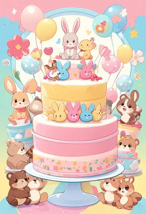 A colorful book cover with cute cartoon animals (rabbit, bear, squirrel) gathered around a large cake. Cheerful and inviting design suitable for young children. Soft pastel colors. Title in Japanese characters.