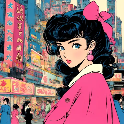 A retro girl（Cute:1.3 points）,（Eighties:1.4 points）,（Retro Hong Kong style:1.3 points），Showa manga，1990s animation style，Front view，First Person，Double tail，Blue Eyes，Pink clothes，Bust，Bangs，Simple background