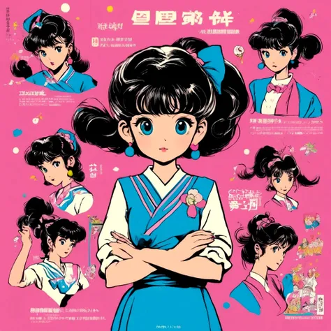 A retro girl（Cute:1.3 points）,（Eighties:1.4 points）,（Retro Hong Kong style:1.3 points），Showa manga，1990s animation style，Front view，First Person，Double tail，Blue Eyes，Pink clothes，Bust，Bangs，Simple background