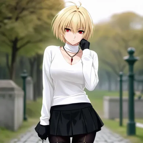 masterpiece,best quality,Arcueid,ruby eyes, ruby eyes,short hair,1girl, white sweater, solo,looking at viewer, black skirt,hair between eyes,breasts,outdoors, chain necklace, fang, angry, black tights, long nails