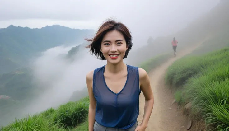 Beautiful Korean Woman, Chest size 34 inches, Wearing high-end luxury brand sleeveless and high-quality casual pants., Foggy scenery of Sapa, Vietnam, I can see the trail, Short and medium hair blowing in the wind, Taken from a distance with a wide angle l...