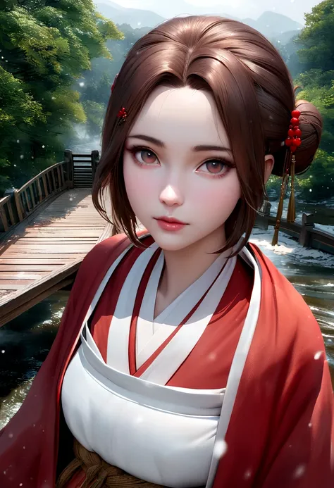 Snowing day, Hanfu women, (Red Hanfu), Upper body portrait, Hairpin, Hair Bun, Green Trees, Clear skies, Overhanging part of bridge, Dreamy, Bouguereau reports, Popular on artstationh, Exquisite facial features style, Close-up photo style, 8K, HD, upscale,...