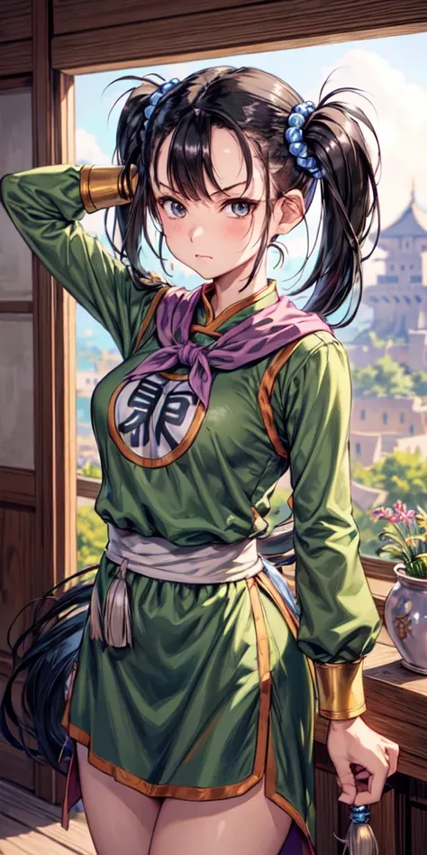 masterpiece, best quality, 4k, 8k, fighter (dq3), 1girl, solo, long hair, twintails, looking at viewer, black hair, hair ornament, long sleeves, dress, medium breasts, closed mouth, cowboy shot, black eyes, arm up, chinese clothes, hair bobbles, clenched h...