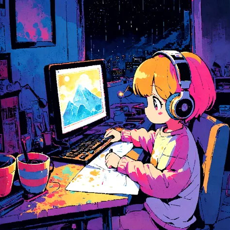 (zero), girl studying in room, reading a book, wear headphones, , night lighting, neon scenery on a rainy day,analog color theme...