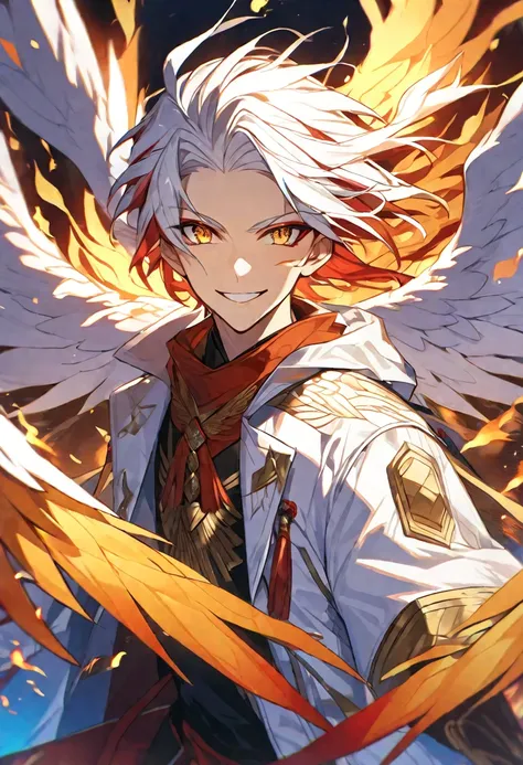 Solo, 1 male, red and white hair, golden eyes, white coat, fire, phoenix, smile facial, wings