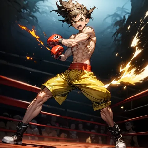 1boy, Full body version, 1character, brown eyes color, tan skin, bowl hairstyle, black colour hair, largest muscle, Boxing outfit clothing, boots, naked, Topless, naked body, Grassroots background in ring boxing, motion blur, (one piece style art), shadow,...