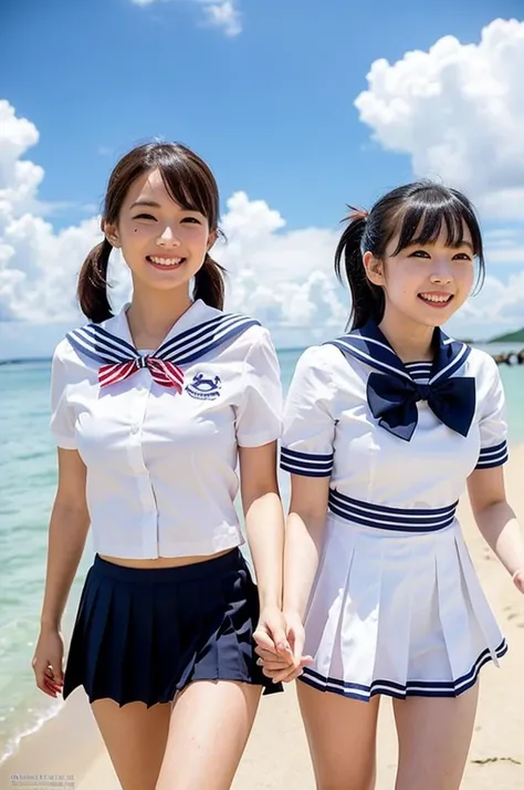 2 girls walking in beach of seaside school,cumulonimbus cloud in summer sky,white sailor shirt with red bow tie,white thong with navy blue pleated micro mini skirt,18-year-old,bangs,a little smile,thighs,knees,short hair with low pigtails bunches,from belo...