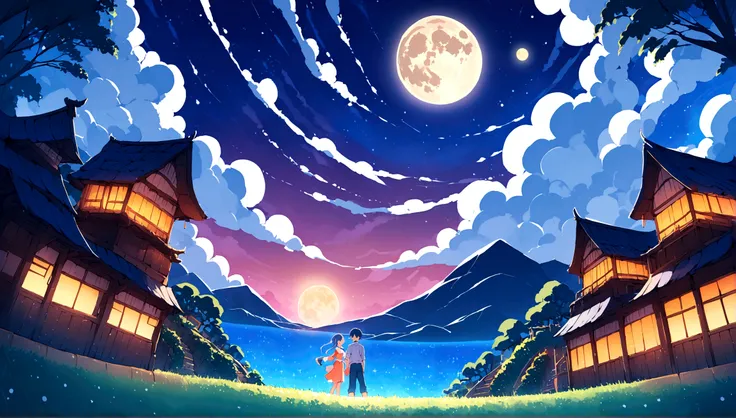 Wonderful night sky, beautiful full full moon, wide Angle, romantic night, vast starry sky, Makoto Shinkai _ Makoto Shinkai _ Makoto Miyazaki _ Japanese manga _