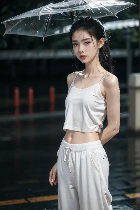 (((best quality))),(((ultra detailed))),(((masterpiece))),illustration,((1 beautiful girl,solo)),((slim,thin)),short ponytail,((small breasts,flat chest)),white short-sleeved shirt,navel,pink floral pants,slender legs,white socks,slippers,rainy night, heav...