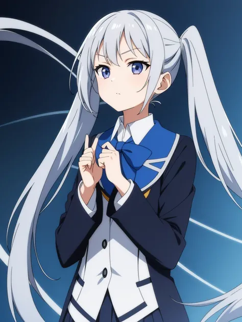 1girl, anime girl, silver hair, long twintails, silver eyes, dark blue school suit, anime wallpaper style