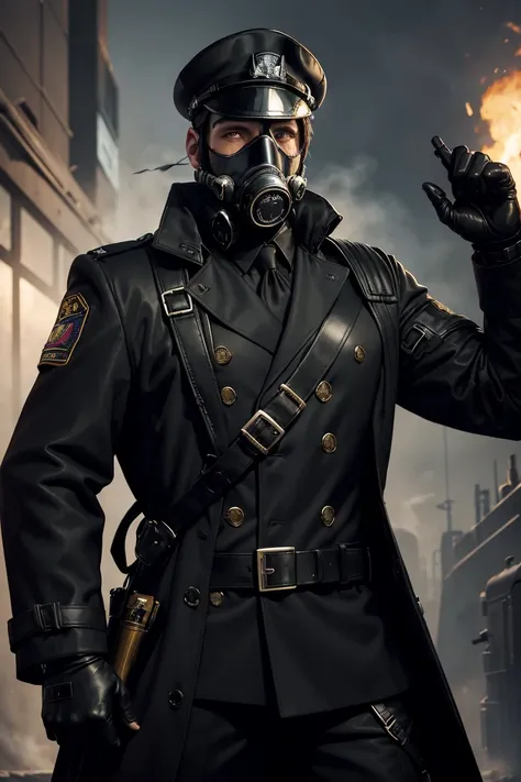 portrait of officer, wearing black trench coat, (gas mask:1.2) and (black captain cap:1.3), (metal shoulder straps: 1.2), black leather gloves, proud, tall, (epic pose), there is nothing in my hands