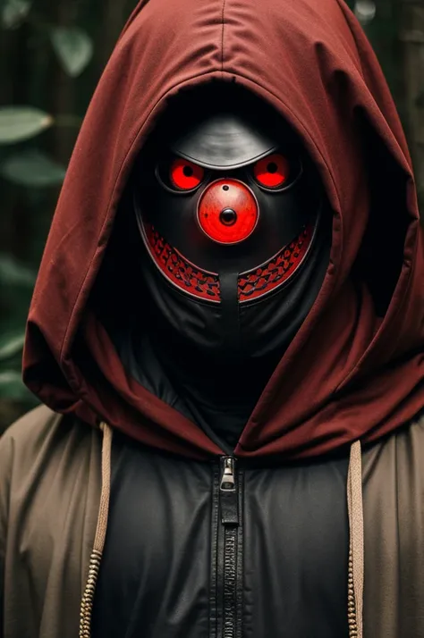 Man wearing a hooded clove mask with red eyes 