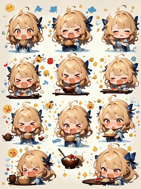 chibi, (1girl:1.5), (9 emojis, emoji sheet, align arrangement)，(9 poses and expressions), (((angry, drooling, eating, embarassed...