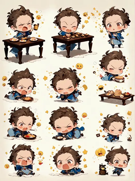 chibi, (1girl:1.5), (9 emojis, emoji sheet, align arrangement)，(9 poses and expressions), (((angry, drooling, eating, embarassed...