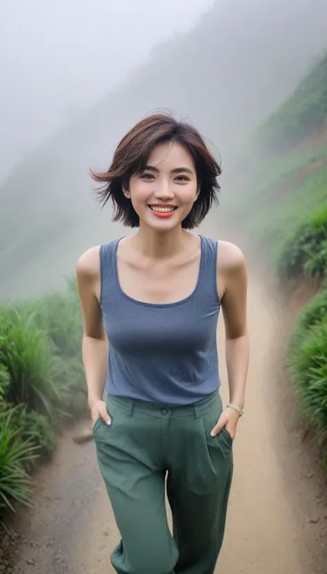 Beautiful Korean Woman, Chest size 34 inches, Wearing high-end luxury brand sleeveless and high-quality casual pants., Foggy scenery of Sapa, Vietnam, I can see the trail, Short and medium hair blowing in the wind, Taken from a distance with a wide angle l...