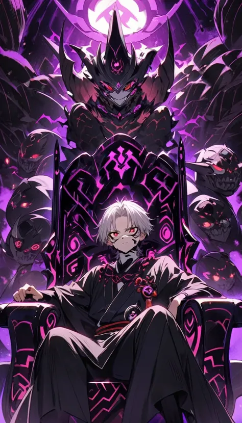 1 male Sukuna sitting on a throne made of cursed energy, surrounded by his domain expansion, "Malevolent Shrine," with a look of absolute dominance on his face.