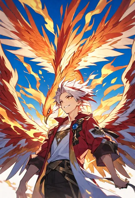 Solo, 1 male, red and white hair, golden eyes, red coat, fire, phoenix, smile facial, wings