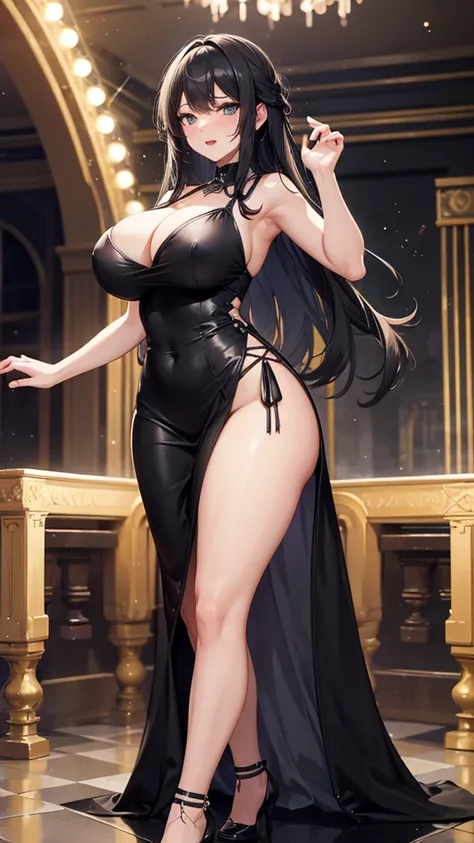 One woman,Big Breasts,Woman with long black hair,Sexy Dress,Party Venue