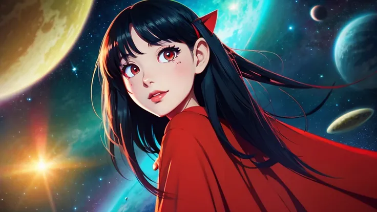 Asian girl in alien space between the North Star and the Big Dipper、Anime Style、Shoulder-length black hair、Red Eyes、Red clothes