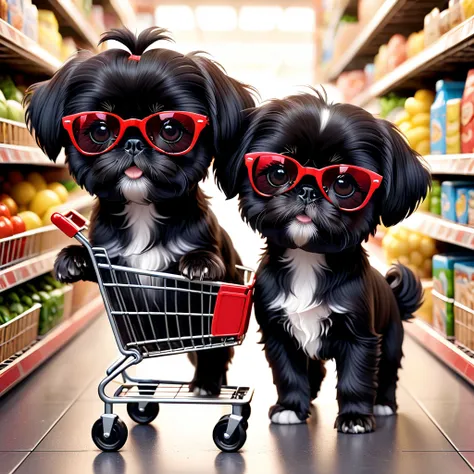 2 Adorable small black Shih Tzu puppies red sunglasses grocery cart 3d cartoon 3d render disney pixar style