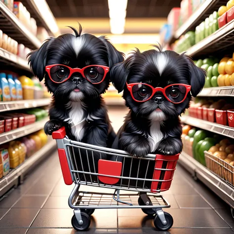 2 Adorable small black Shih Tzu puppies red sunglasses grocery cart 3d cartoon 3d render disney pixar style