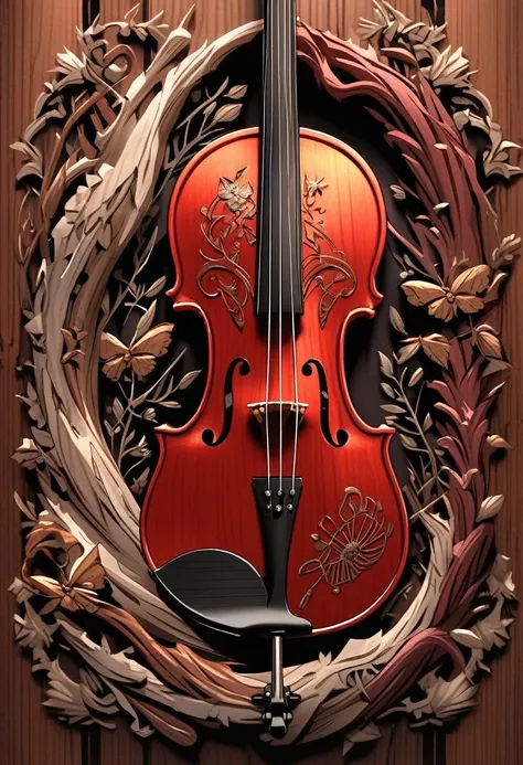 extremely detailed deep red wood violin with a cricket designs in the wood