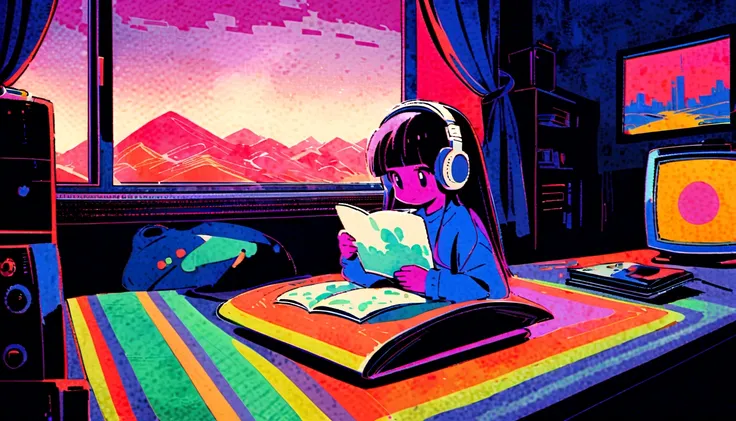 (zero), Girl studying in room, Reading a book, Wear headphones, , night lighting, Neon scenery on a rainy day,Analog Color Theme, Lo-fi Hip Hop , review, flat, 2.5D ,Draw a line, Ink painting, Large slope, Watercolor, Goosh Colors, Studio Ghibli style, Gre...