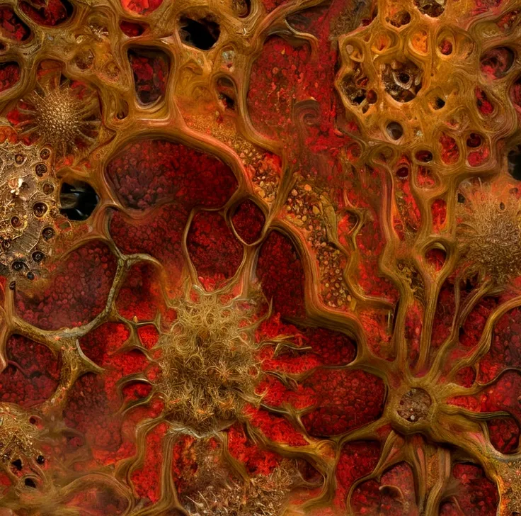 5+√(555×tan(15+15), fractal, khorne,crimson, gold and black, organic matter, cellular colony, deep wiew,4k resolution,hyperdetai...