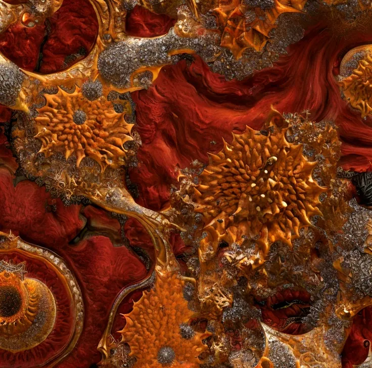 5+√(555×tan(15+15), fractal, khorne,crimson, gold and black, organic matter, cellular colony, deep wiew,4k resolution,hyperdetai...