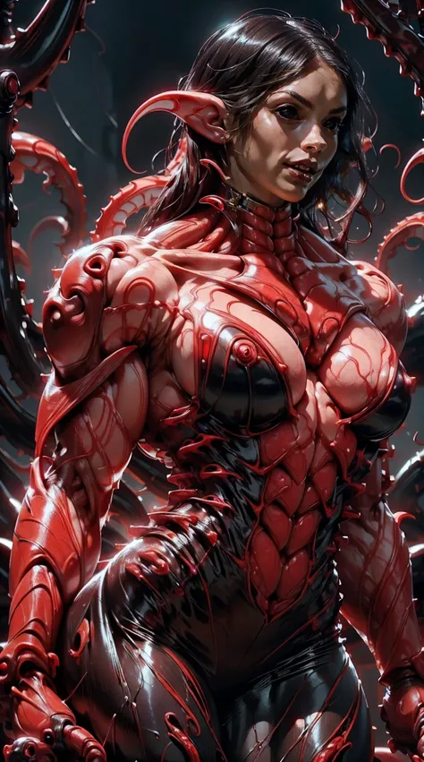 Megan fox as female carnage, (red carnage skinless muscular physique:1.25), (carnage anatomy with exposed muscles and veins:1.25), (head tentacles:1.25), (mouth wide open with tongue out, carnage style), standing atop a high skyscraper at night, Realistic,...